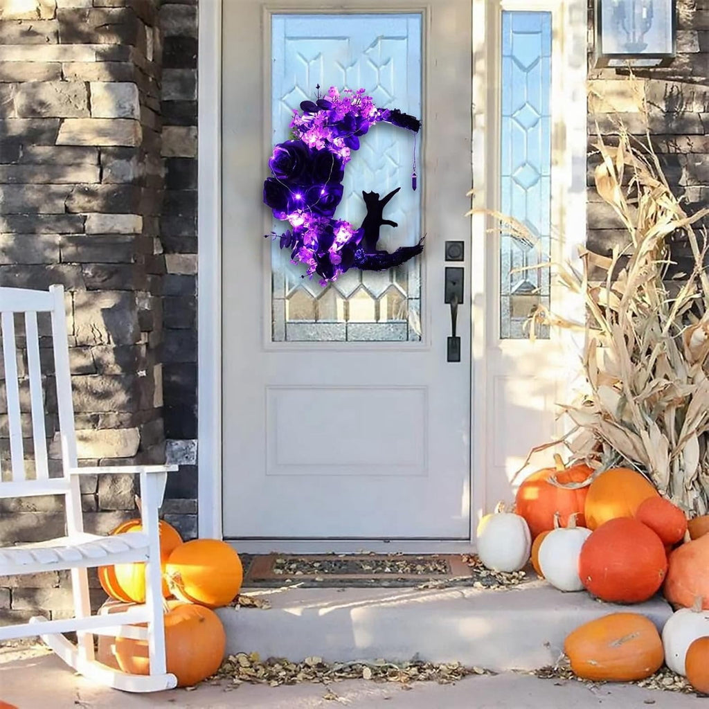 Halloween Moon Wreaths for Front Door, Black Cat on Moon Wreath Halloween Decor, Spooky Halloween Decorations Crescent Moon Wreath for Home Party Window Wall Indoor Outdoor