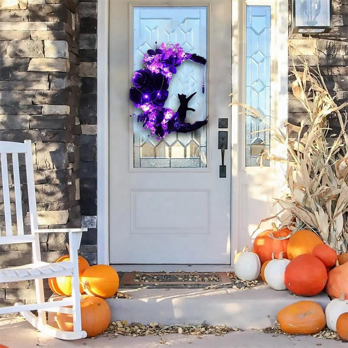 Halloween Moon Wreaths for Front Door, Black Cat on Moon Wreath Halloween Decor, Spooky Halloween Decorations Crescent Moon Wreath for Home Party Window Wall Indoor Outdoor