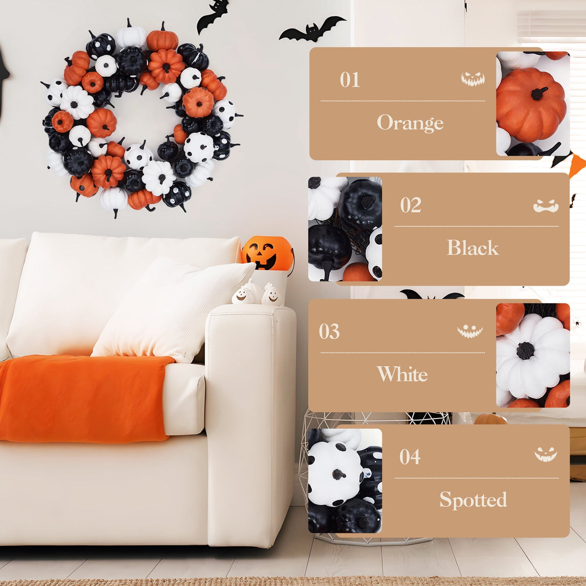 Festisoul Halloween Pumpkin Wreath for Front Door, 18'' Fall Wreath, Rattan Bottom Halloween Indoor Outdoor Decorations for Home, Party, Fireplace
