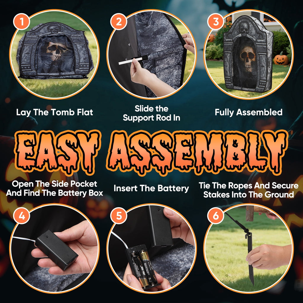 Toiyjofe 3.5ft Large Halloween Tombstone Decoration with LED Skull Eyes, Battery Powered Foldable Graveyard Decor for Lawn, Garden & Haunted House