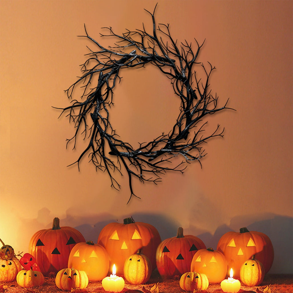 Halloween Wreath, Black Twig Wreath for Front Door, Artificial Spooky Branch Decor for Indoor Outdoor Home Party, Wall Hanging Ornament