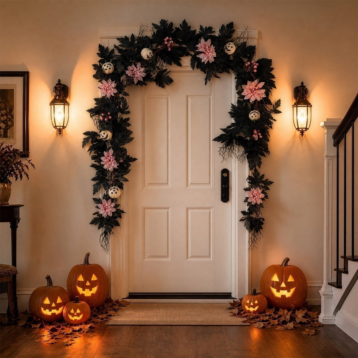 Halloween Artificial Maple Leaf Pumpkin Vine with LED Lights 67-71 Inch Lighted Fall Foliage Garland for Home Halloween Holiday Party Decor