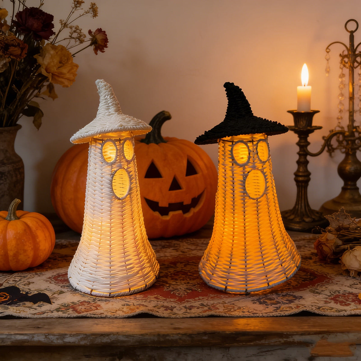 THOPBPRK 2026 Black Halloween Woven Pumpkin Jack-O'-Lantern, Halloween Decorations Pumpkin, USE LED Candle, Rattan Fall Halloween Decor for Home, 1Pack 11.8 Inch A