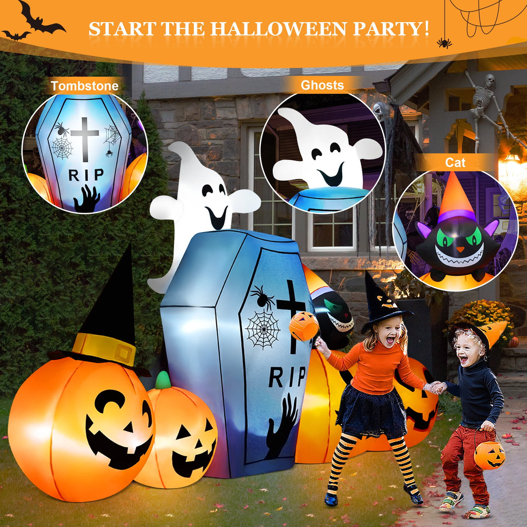 Yexmas 10ft Halloween Inflatable Pumpkins Outdoor Decor with Black Cat Tombstone and Spectre,Built-in LED Lights,for Halloween Party,Yard,Garden,Lawn