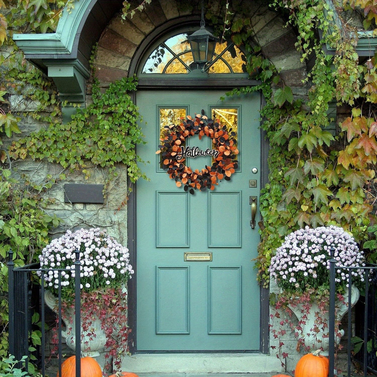 22 inch Pumpkin Wreath Halloween Wreaths for Front Door Fall Decorations for Home with Wood Pumpkins Thanksgiving Decorations with Glitter Decorations Sign
