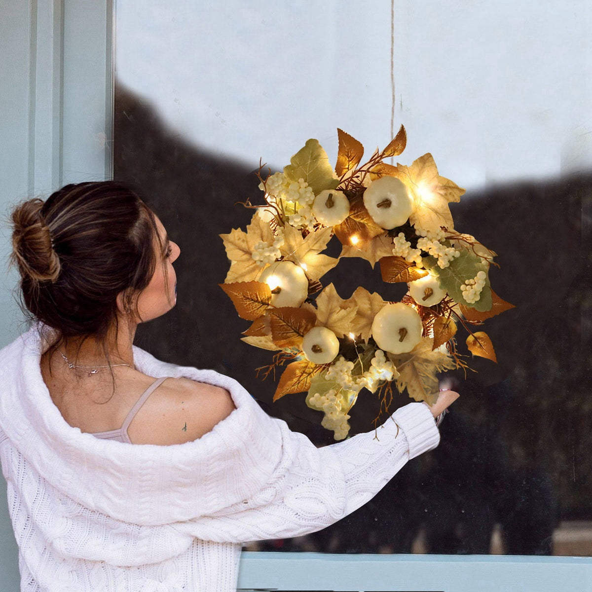 12 Inch Fall Wreath with Pumpkins & Maple Leaves - Autumn Harvest Wreath for Front Door, Thanksgiving & Halloween Farmhouse Decor
