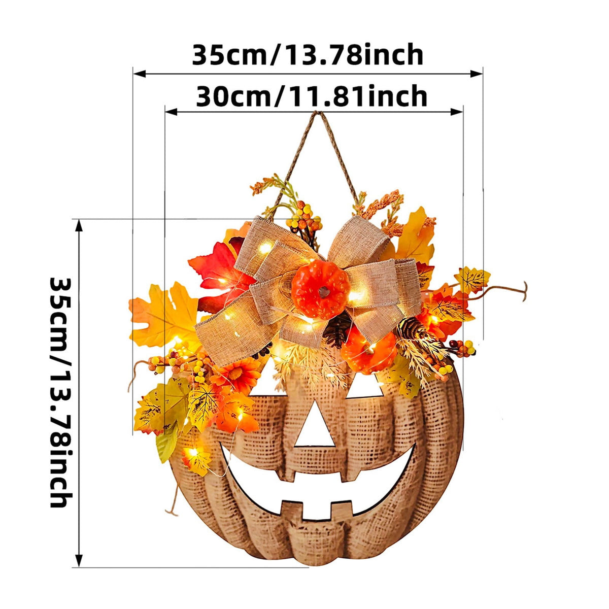 13.78 Inch Lighted Pumpkin Wreath with LED Lights, Fall Front Door Decor, Halloween Thanksgiving Autumn Wreath for Porch Farmhouse Home Decoration