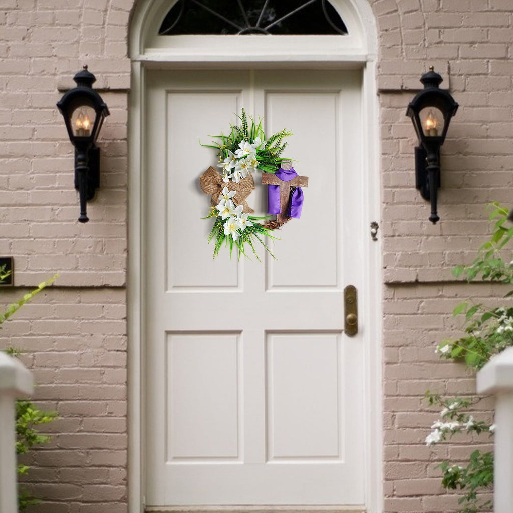 XEOVHV Easter Wreath, Cross Door Sign Easter Door Sign， Easter Wooden Wreath Hanging Sign Christian Floral Easter Decor 13.8 x 13.8 Inch Jesus Wreath Door Hanger for Front Door Wall Decor
