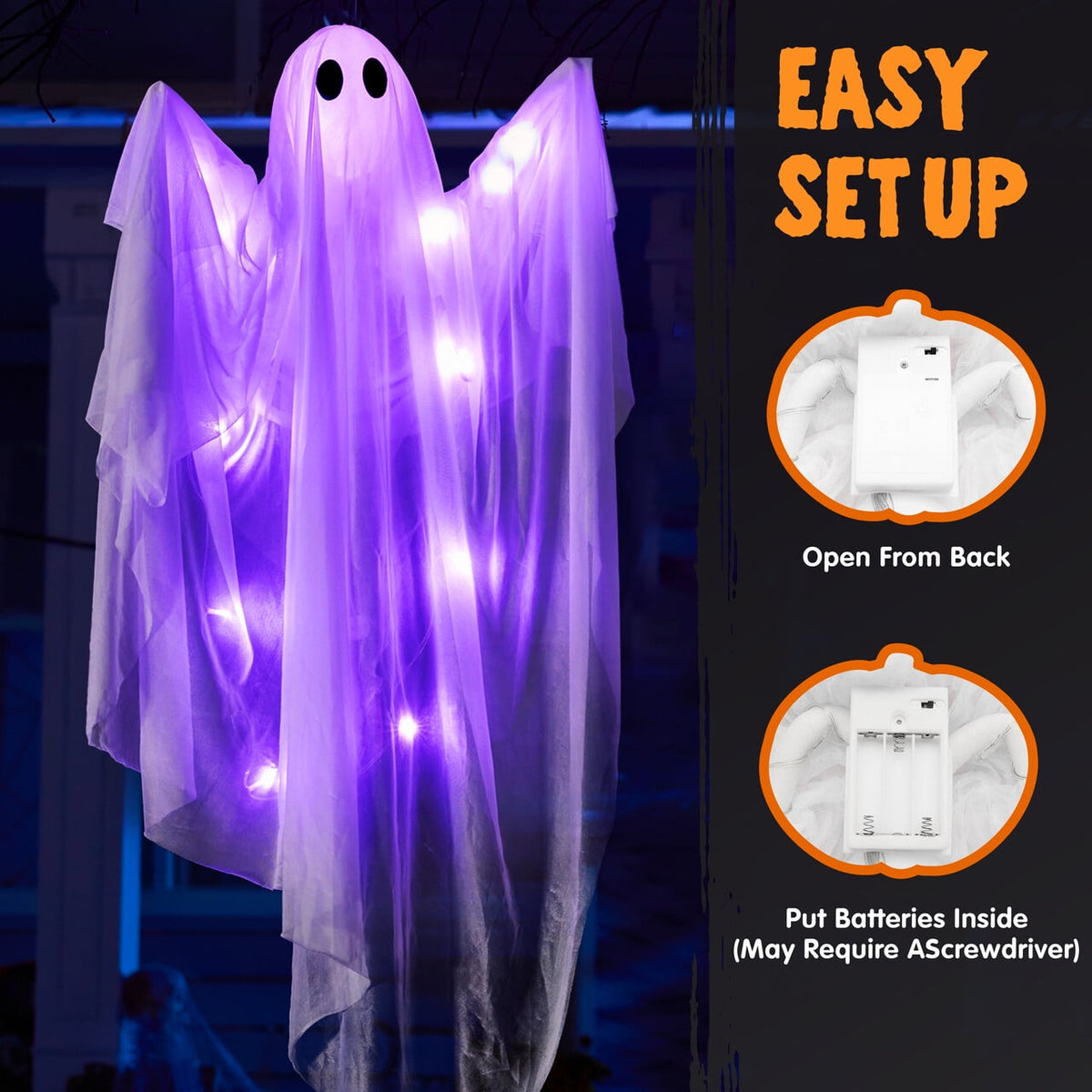Joyfy 47" Halloween Hanging Light up Ghost Decorations Outdoor,White Ghosts with Blue LED Light and Timer Halloween Hanging Decoration Waterproof for Front Yard Patio Lawn
