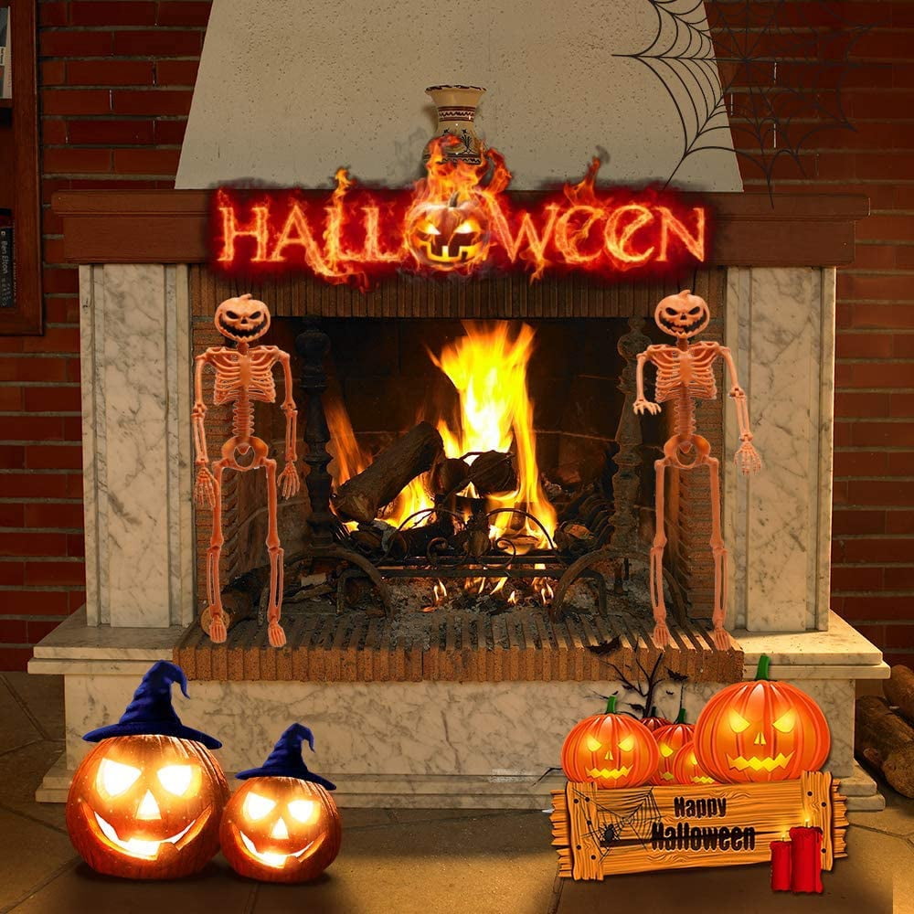 2 Packs Halloween Pumpkin Skeleton Decorations with Posable Joints Skeletons for Halloween Party Front Door Haunted House Props Decorations