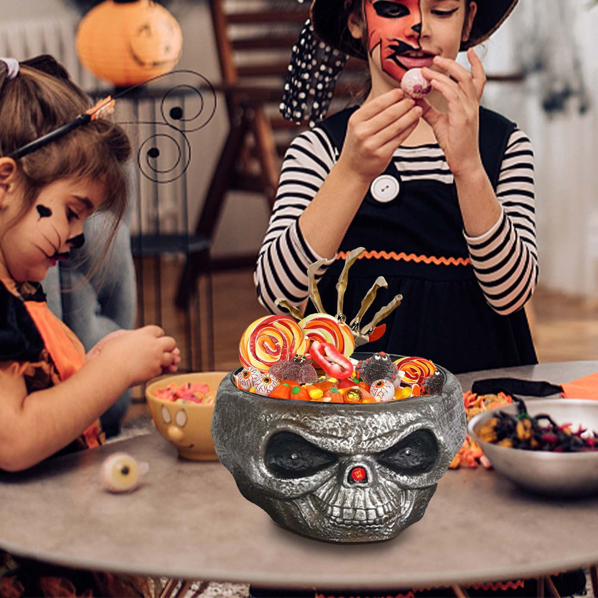 XIA0LE Halloween Candy Bowl Animated Pumpkin Candy Bowl With Moving Skeleton Hand Creepy Sound And Red Eyes For Halloween Decorations Indoors And Trick Or Treats (B)