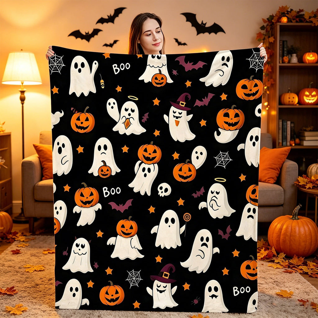Halloween blanket,Halloween Print Throw Blanket Flannel Soft Cozy Decorative Nap Blanket with Ghost Pumpkin Skull for Office Bedroom Sofa Camping Travel(100x150cm/39x59 Inch),Black