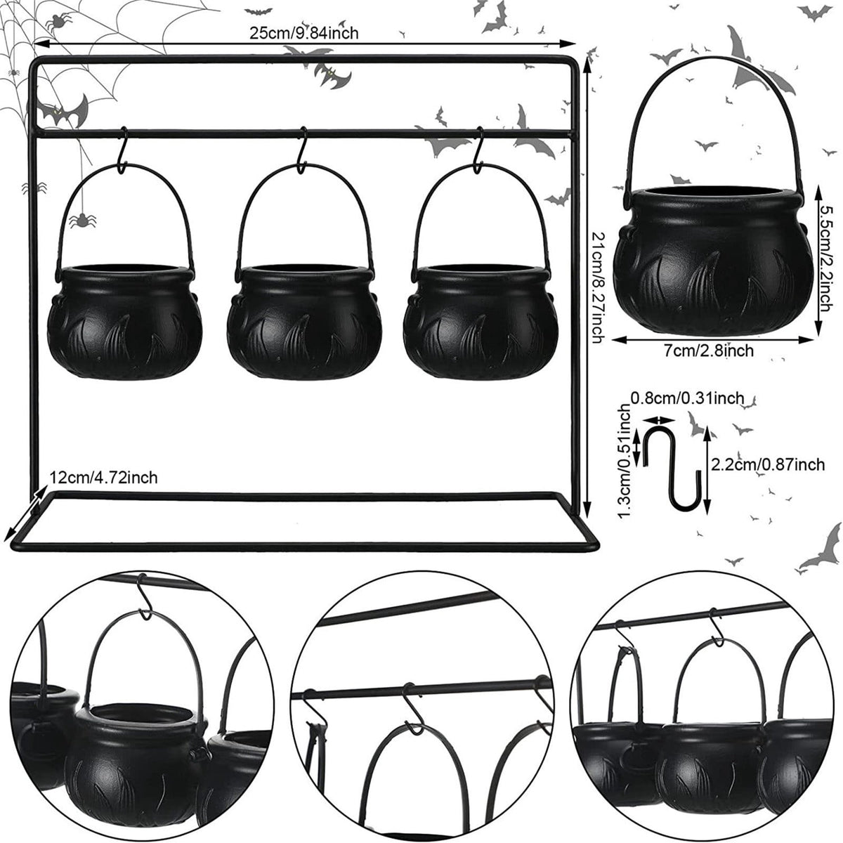 Halloween Witches Cauldron Serving Bowls Set of 3 on Rack - Black , Skeletons, Candy Punch Bowl, for Home Kitchen Indoor Outdoor, Party Decor, for Halloween Supplies