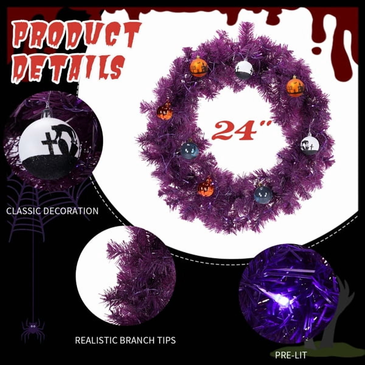 24" Halloween-Themed Christmas Wreath - Purple Pre-Lit Wreath with 50 Purple/Orange LEDs, 100 PVC Tips, DIY Ornament Pack for Indoor/Outdoor Decor
