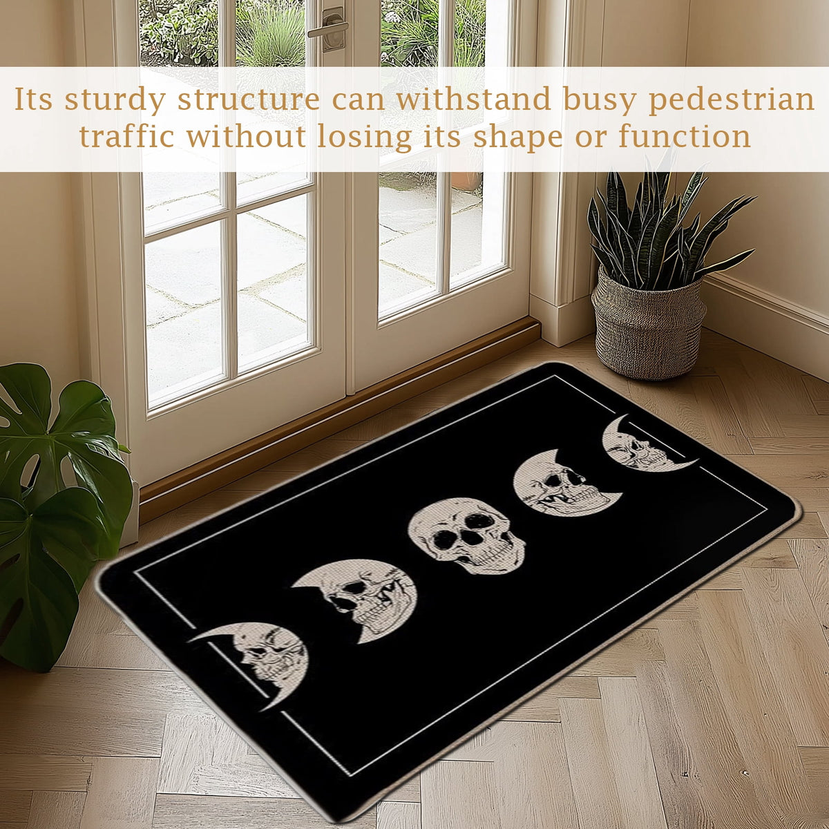 Halloween Doormat, Black Diatom Mud Rubber Base Mat, Non Slip Quick Dry Absorbent, Skull Moon Phase Decor for Outdoor Entryway Porch Front Door, Durable Easy Clean Floor Rug 17x29 Inch
