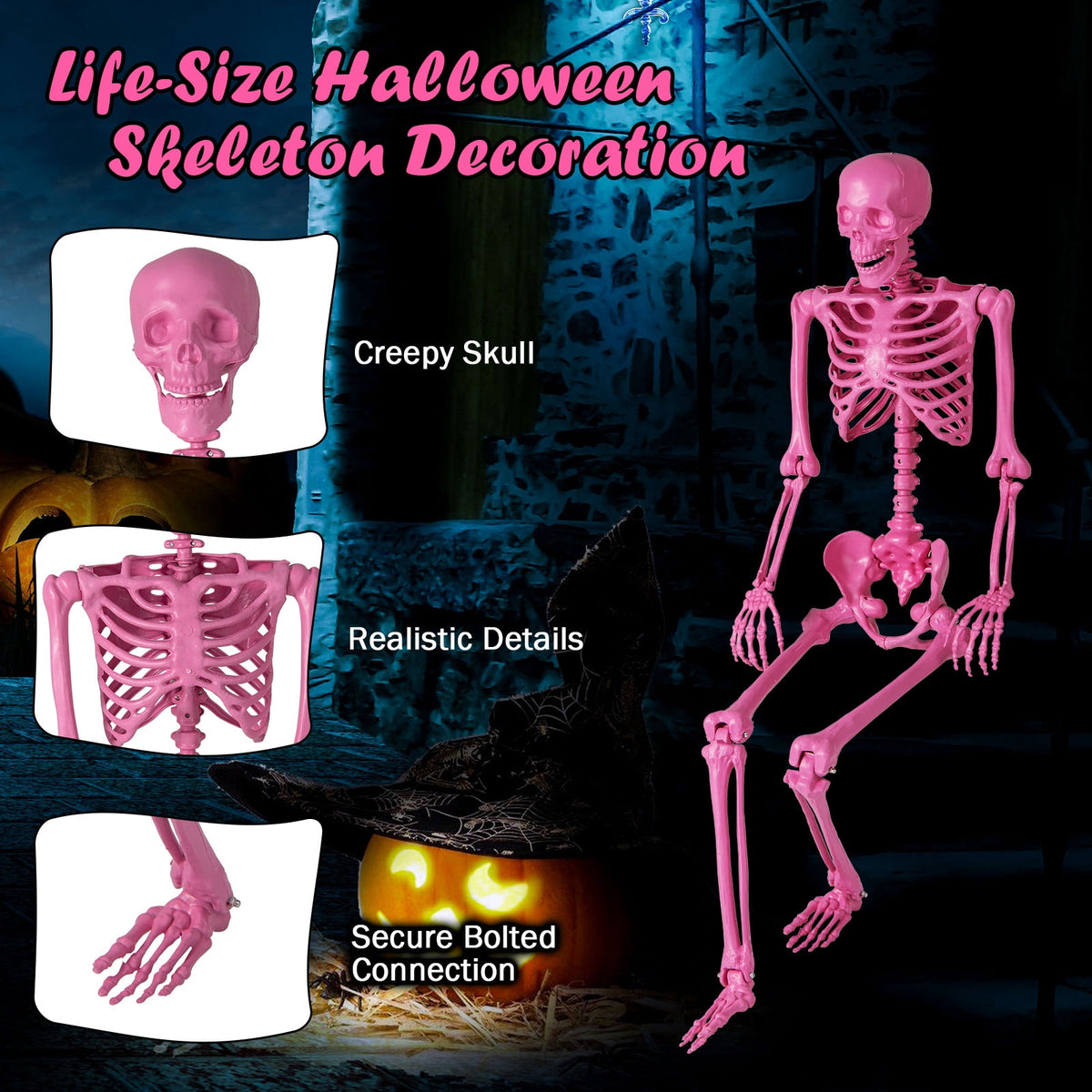Costway 5.5 FT Poseable Halloween Skeleton Life-Size Decoration with Built-in Lights Green