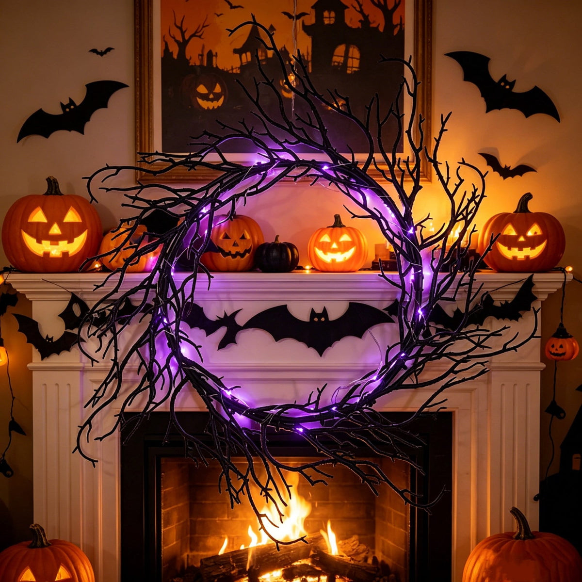 17" Halloween Wreaths for Front Door,Black Bats and Purple Spider Wreath,Spooky Gothic Outdoor Halloween Decoration For Halloween Party,Outdoor/Indoor Porch,Home Holiday Decor
