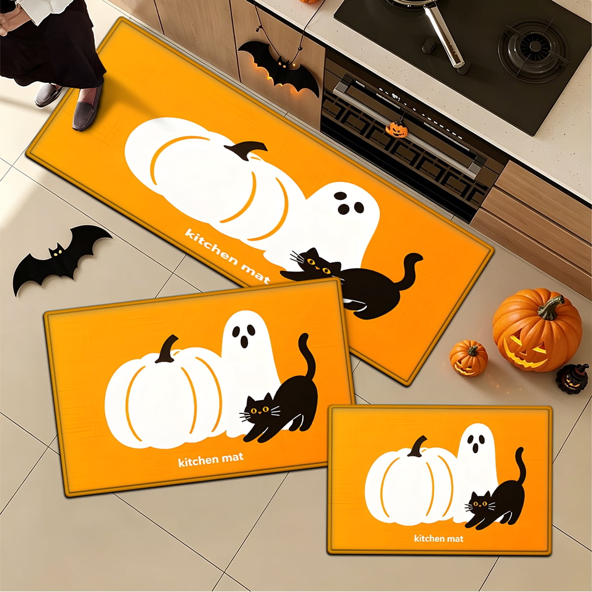 YIMEIS Halloween Orange Ghost Pumpkin Black Cat 1Pc Flannel Mat & Kitchen Rugs,Soft Non-slip,16''×24'' Inches,for Entryway Bathroom