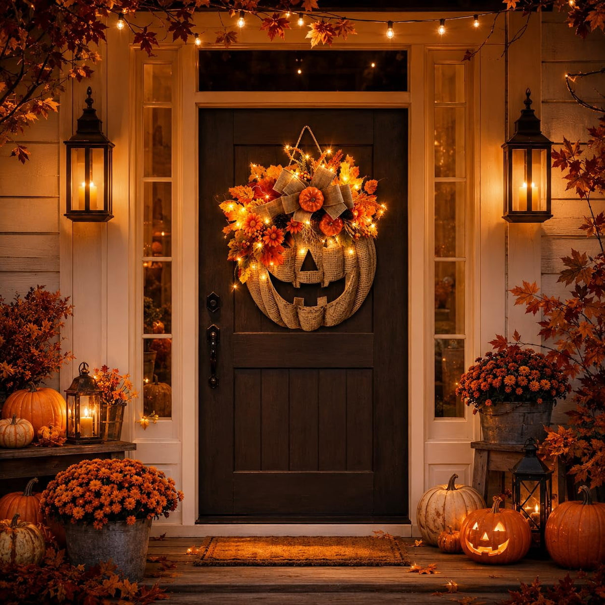 Lighted Burlap Pumpkin Wreath, 13.78-Inch LED Fall Door Decor with Wooden Pumpkin,Burlap Bow,Maple Leaves and Berries for Halloween Thanksgiving Porch