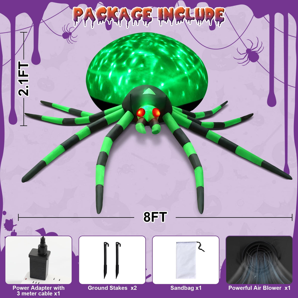 Yexmas 8FT Halloween Inflatables Outdoor Decorations Giant Spider Decorations with LED Lights and Air Pump Blow up Inflatable Green