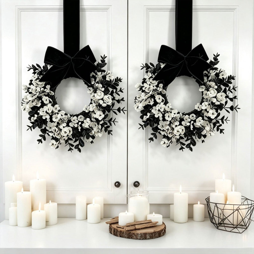 FXMLRLK 1 Pack Halloween Cabinet Wreaths with Ribbon Bows Artificial Flowers Kitchen Wreath for Window Front Door Farmhouse Wall Halloween Decorations, Blue