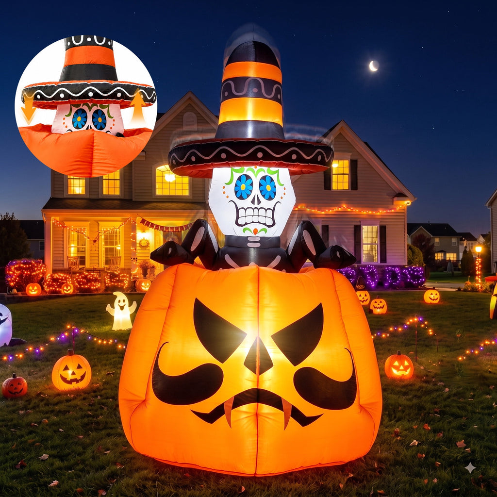 GVDV 6 FT Halloween Inflatables Animated Pumpkin Skull Outdoor Decorations Blow Up Yard with Built-in LEDs for Indoor Party Garden Lawn Decor