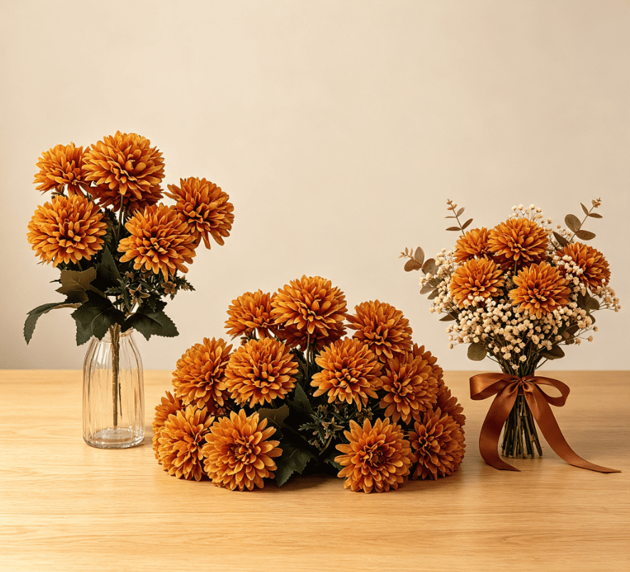 1Pack Faux Fall Mums for Outside Artificial Mums Outdoor Clearance Chrysanthemum Bush Silk - Orange Fall Decorations for Home Fall Wedding Flowers