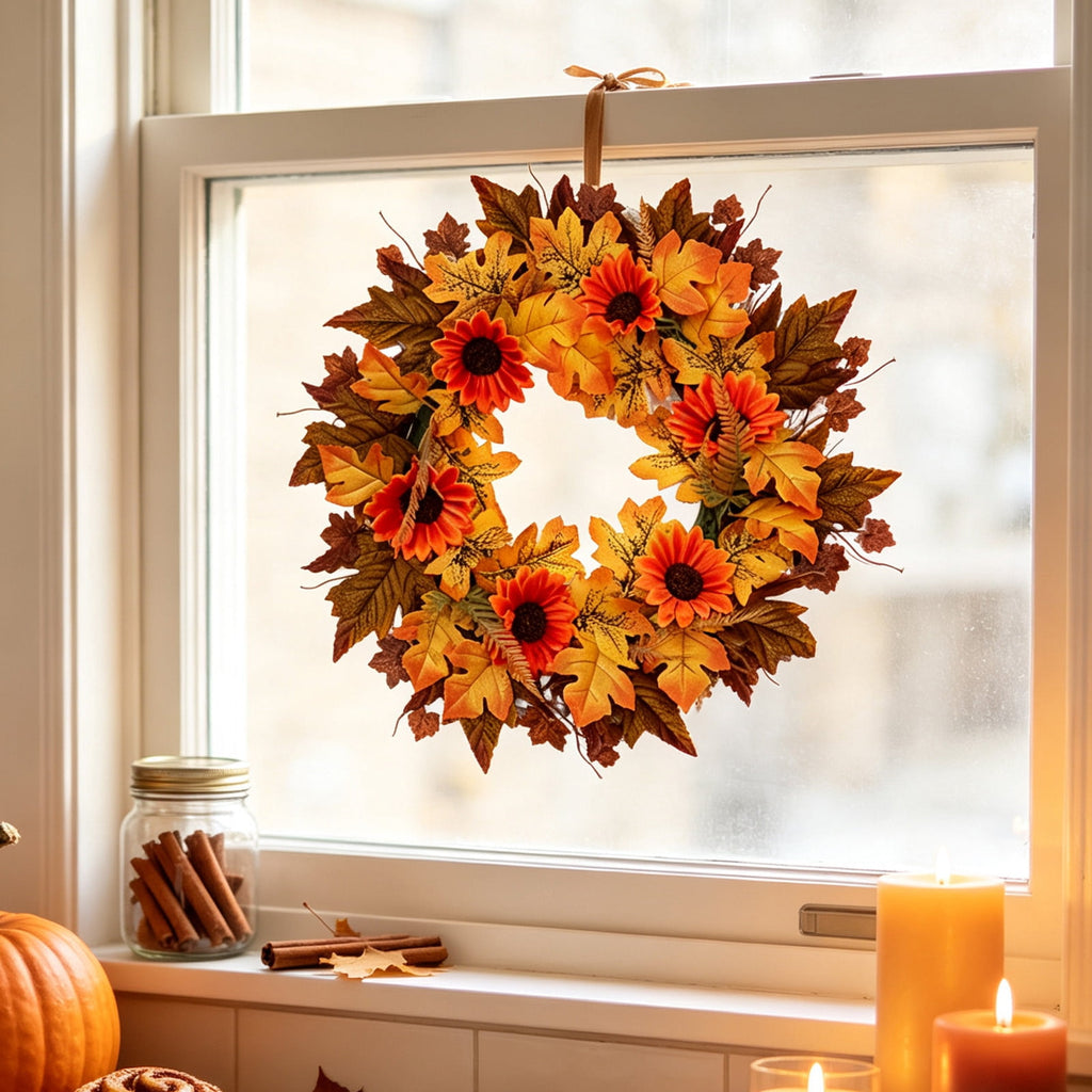 Thanksgiving Halloween Decoration Wreath, Sunflower Rose Pumpkin Silk Flower Door Hanging, Fall Simulation Maple Leaf Wreath for Front Door Fireplace, Festive Harvest Party Home Decor
