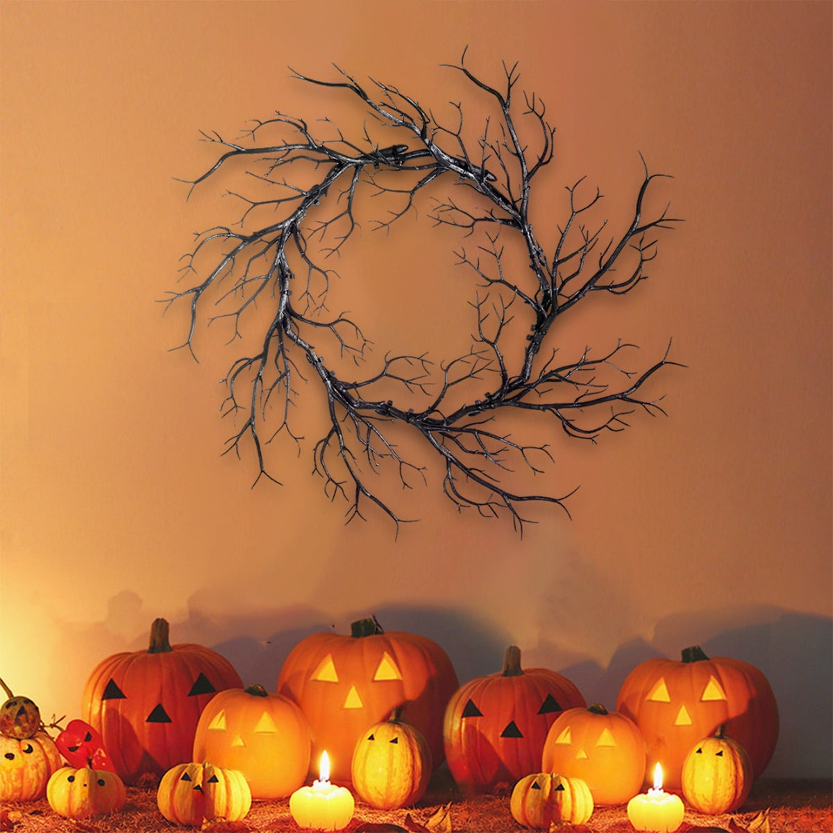 Plastic Twig Wreath for Front Door Halloween Decor, Indoor Outdoor Hanging Ornament with Spooky Vibe
