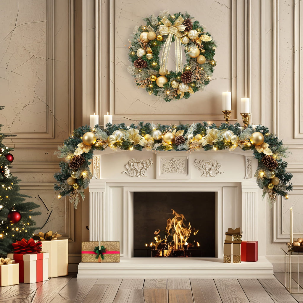 JoanKaren 24 inch Large Christmas Wreath Silver White with 20 LED Lights,Prelit Xmas Wreath w/ Ball Ornaments Pine Cone