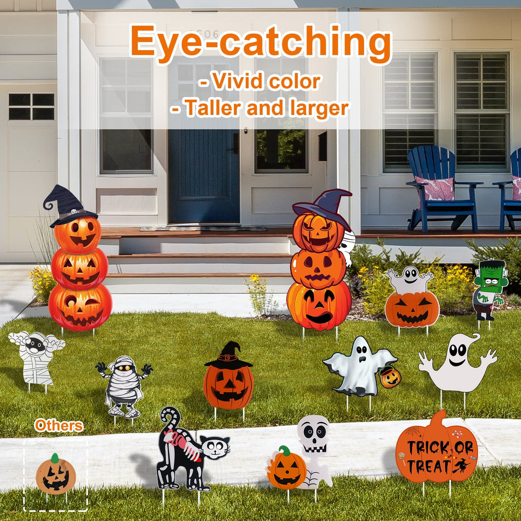 GameXcel Halloween Decorations Outdoor Yard Signs with Stakes, 34.8 in Tall Vertical Pumpkin and Ghost Decor, Weather-Resistant, 2 Count