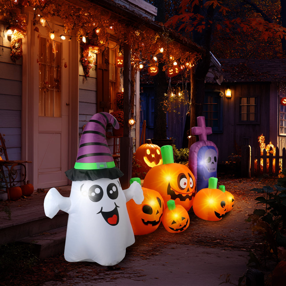 MAGOTAN 8 ft Halloween Inflatable Pumpkin Halloween Inflatable Pumpkins Ghost Tombstone Outdoor Yard Decoration Build-in 7 LED White Lights