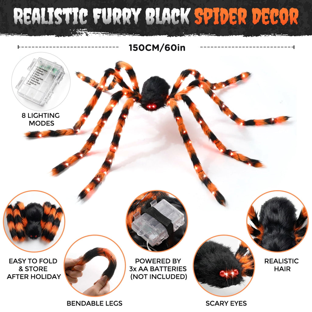 Ayieyill 5ft Giant Light-up Halloween Spider, Scary Hairy Fabric Spider for Indoor Outdoor Yard Haunted House Decor, Purple