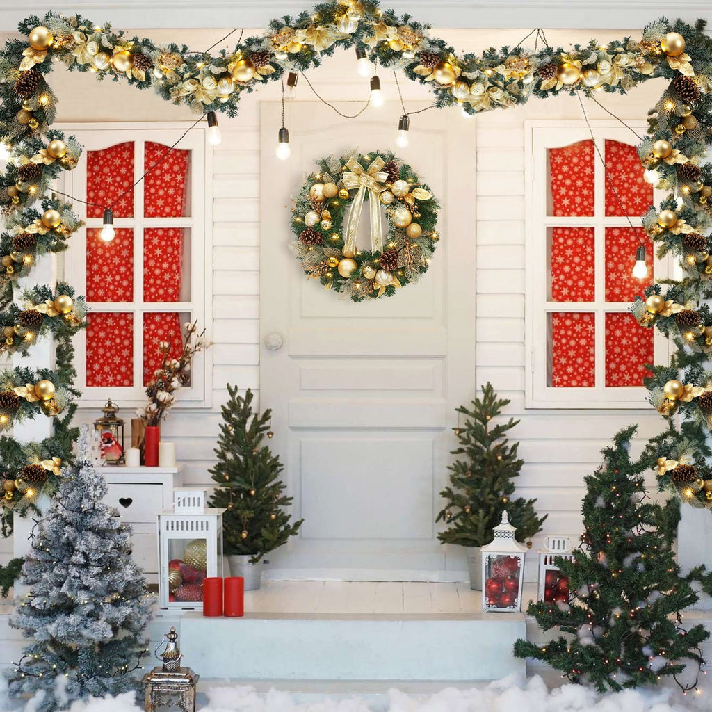 JoanKaren 24 inch Large Christmas Wreath Silver White with 20 LED Lights,Prelit Xmas Wreath w/ Ball Ornaments Pine Cone