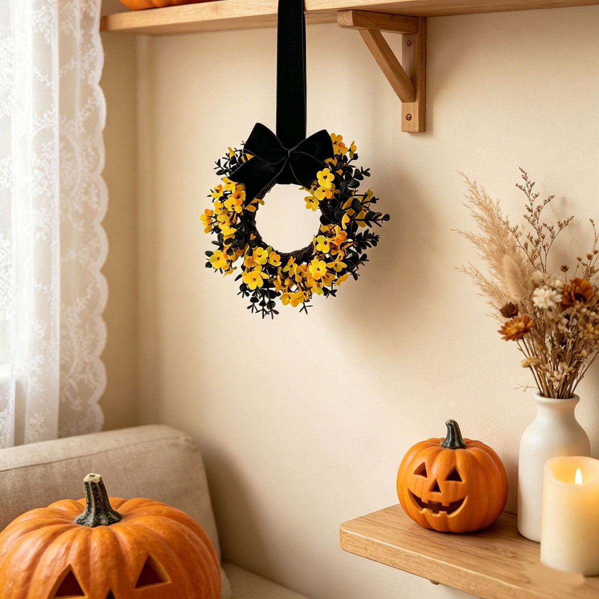 Halloween Star Shaped Bow Wreath for Window Door Display, Autumn Festival Artificial Wreath Decor