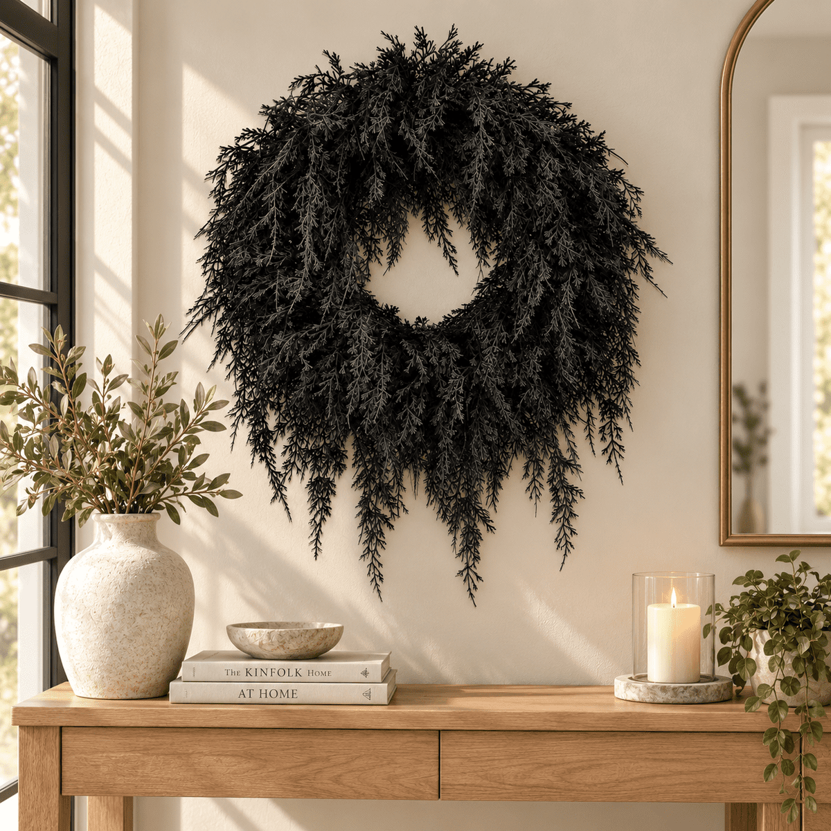 Kuokaa Black Twig Halloween Wreath with Wispy Branches and Bare Dark Silhouette, Round Front Door Decoration Spooky Gothic Fall Porch or Wall Decor