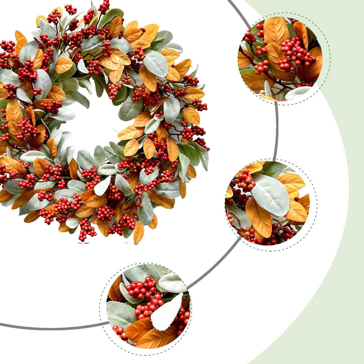 18 Inch Autumn Wreath for Front Door with Lamb Ear Leaves and Red Berries Artificial Fall Decor for Thanksgiving Halloween Harvest Festival Farmhouse Home Outdoor Indoor Window Wall Decorations
