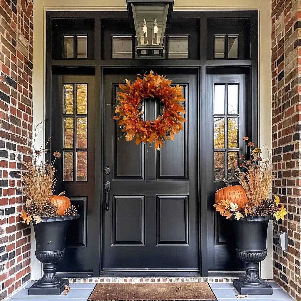 Fall Wreath Pumpkin Wreath for Front Door with Maple Leaves Harvest Wreath for Door Window Porch Thanksgiving Halloween Decor