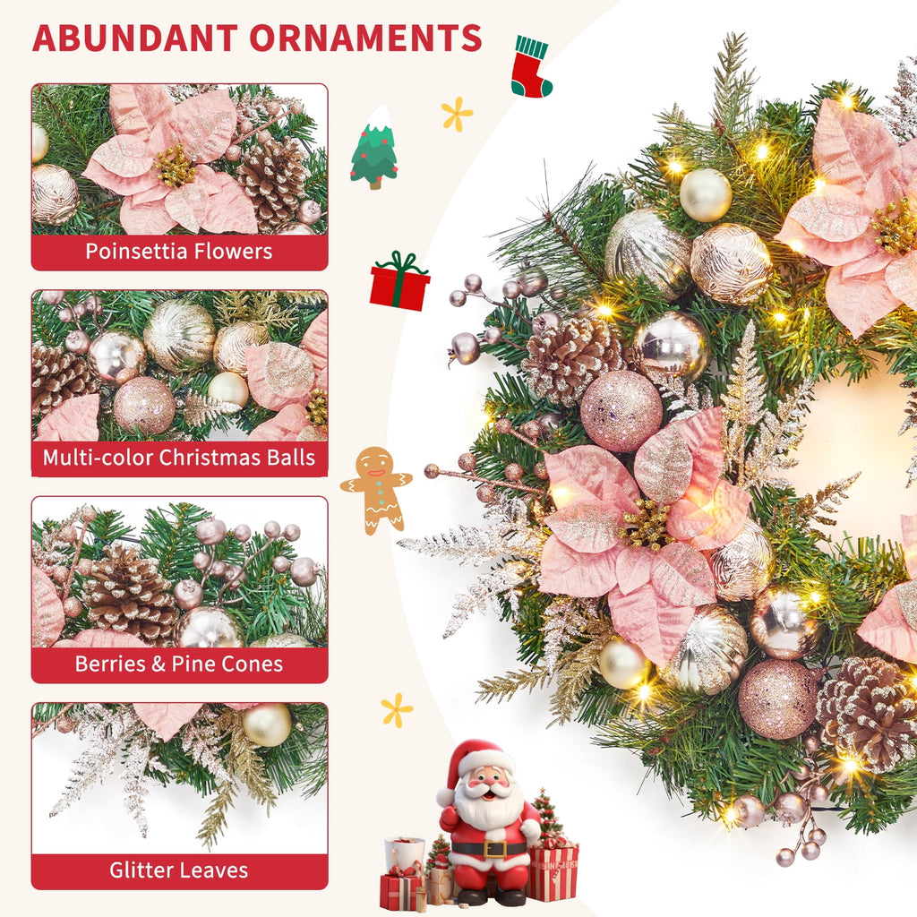 JoanKaren 24 inch Large Christmas Wreath Silver White with 20 LED Lights,Prelit Xmas Wreath w/ Ball Ornaments Pine Cone