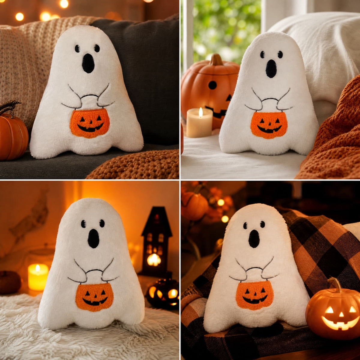 Cute Reading Ghost Plush Throw Pillow, Halloween Book & Pumpkin Bucket Ghost Stuffed Cushion, Spooky Season Decorative Pillow, for Sofa, Bedroom, Party Decor
