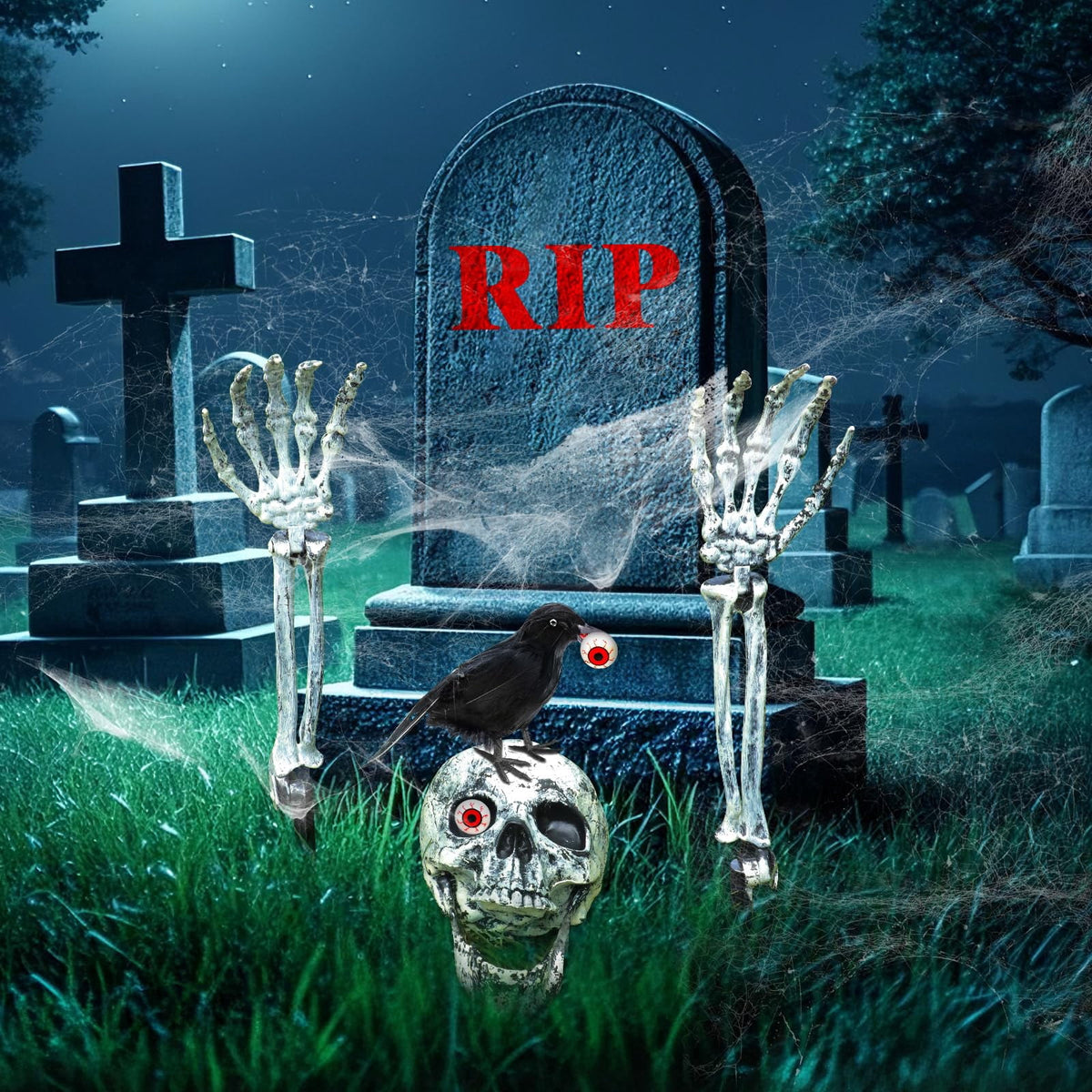 WETRBWEH Halloween Skeleton Stakes with Crow and Red Eyes Garden Halloween Decorations for Lawn Outdoor