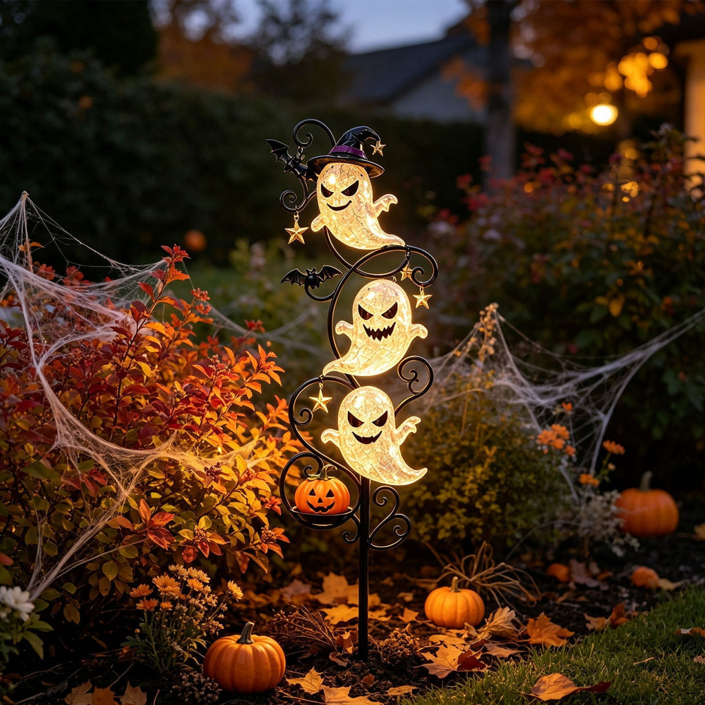 Solar Halloween Metal Moon Black Cat Garden Stake with LED Pumpkin Lantern, Light Up Star Bat Yard Decor Stake, Spooky Outdoor Lawn Pathway Halloween Decoration