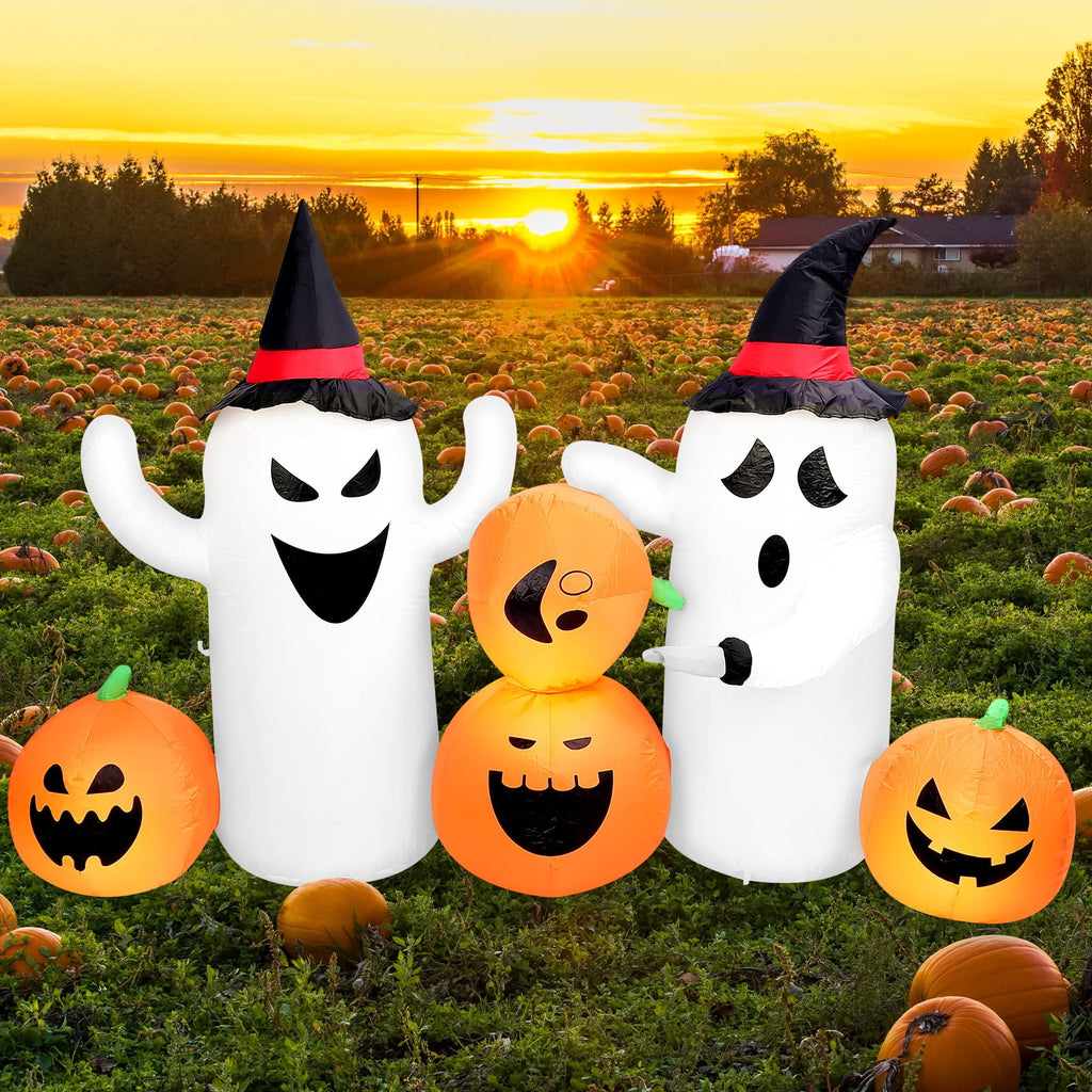 Halloween Inflatables Outdoor, 8FT Long Cute & Lighted Blow Up Decoration Pumpkin Family with Witch Hat, Large Halloween Inflatables Decorations with Lights for Yard, Holiday, Home