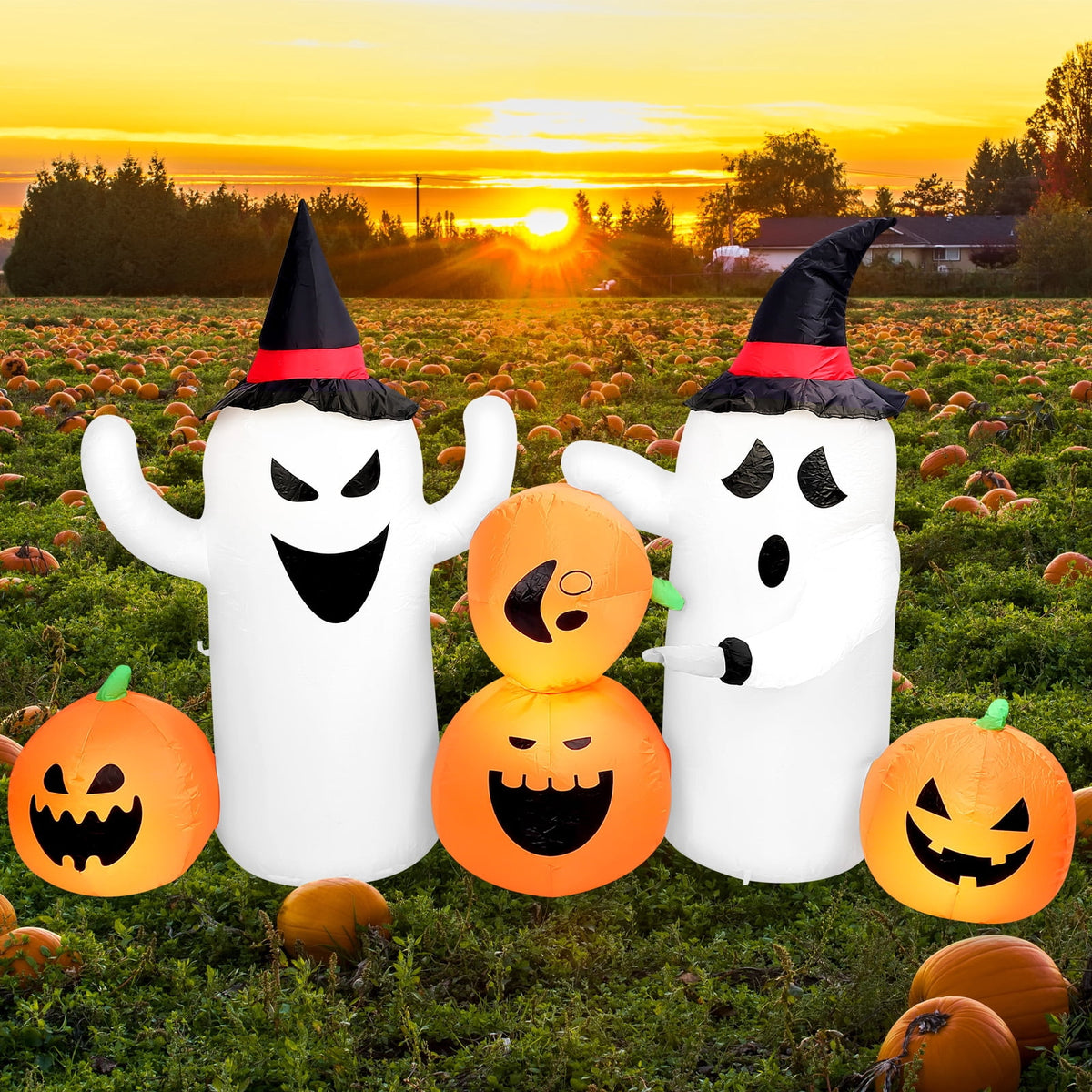 Halloween Inflatables Outdoor, 8FT Long Cute & Lighted Blow Up Decoration Pumpkin Family with Witch Hat, Large Halloween Inflatables Decorations with Lights for Yard, Holiday, Home