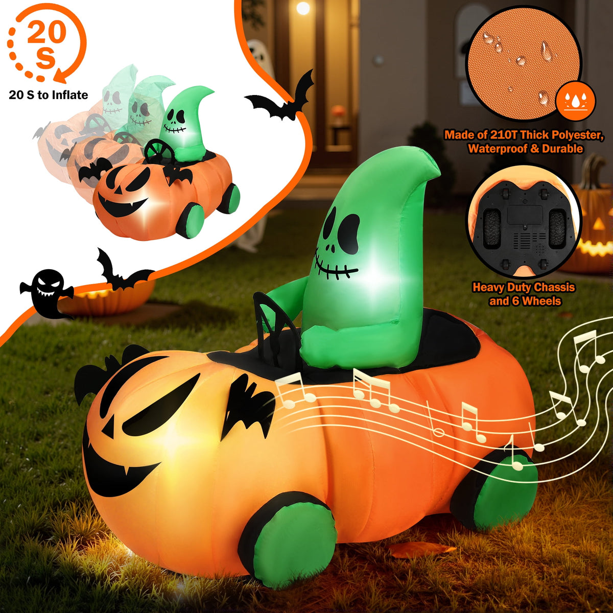 Firstness 2.4GHz Remote Control Halloween Inflatable Car Blow ups Pumpkin Ghost Rc Car,3 Music and LED Lights,360° Rotation,Aged 3+