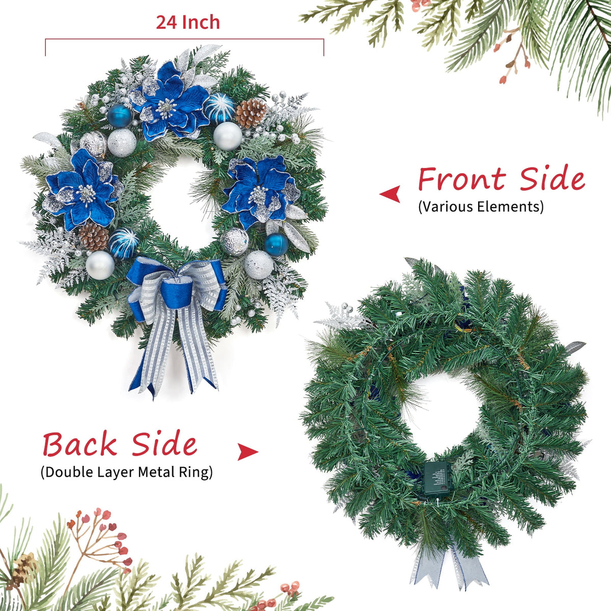 JoanKaren 24 inch Large Christmas Wreath Silver White with 20 LED Lights,Prelit Xmas Wreath w/ Ball Ornaments Pine Cone