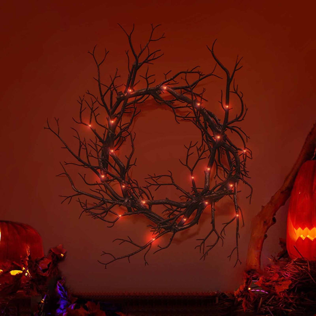 IPEWLEX Halloween Wreath with LED Lights - Black Glitter Decoration for Front Door, Indoor/Outdoor, Battery Operated, 43cm