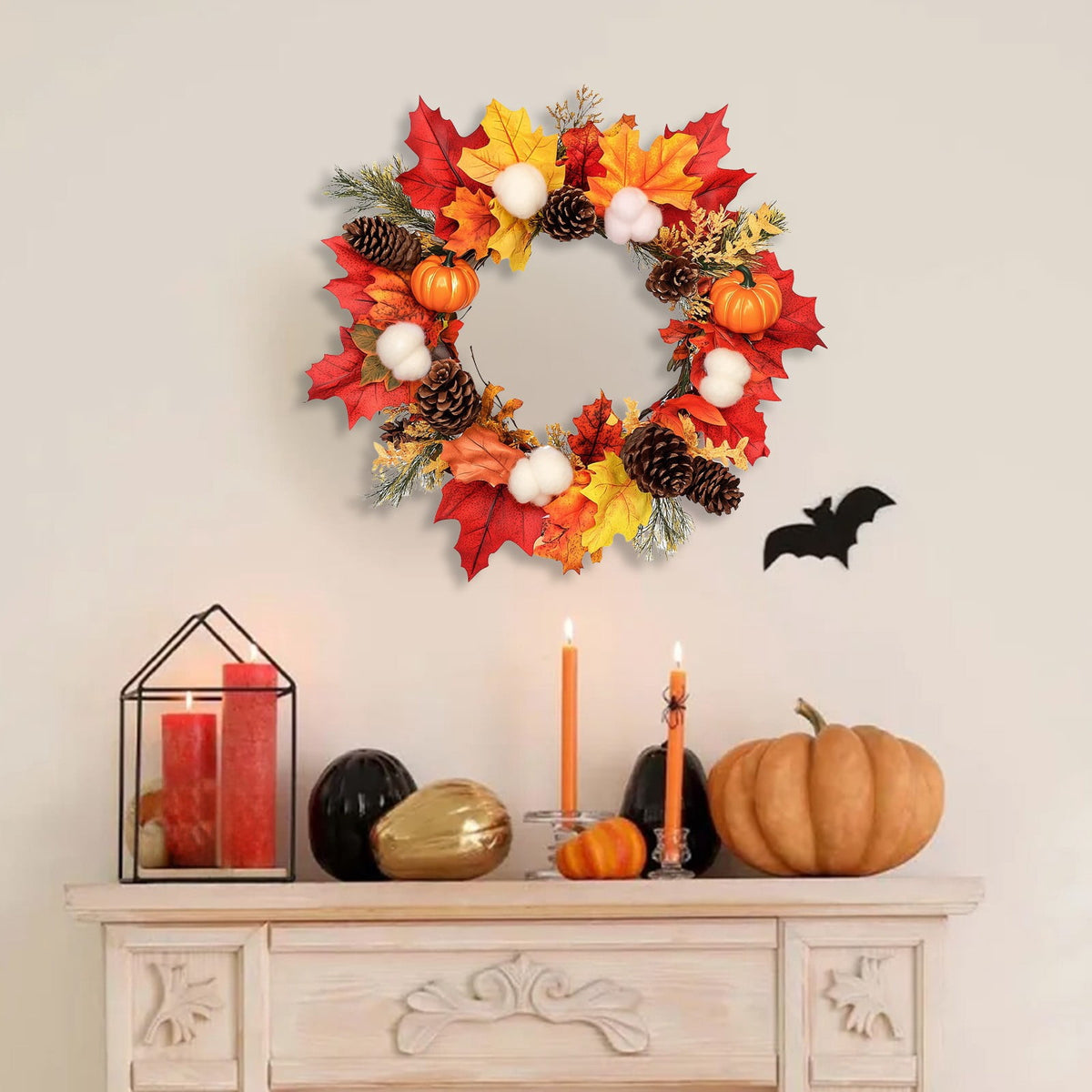 Halloween Thanksgiving Fall Wreath with Pumpkin, Berries, Pine Cones and Maple Leaves, Indoor Outdoor Door Wall Hanging Decor for Home, Party and Seasonal Celebration