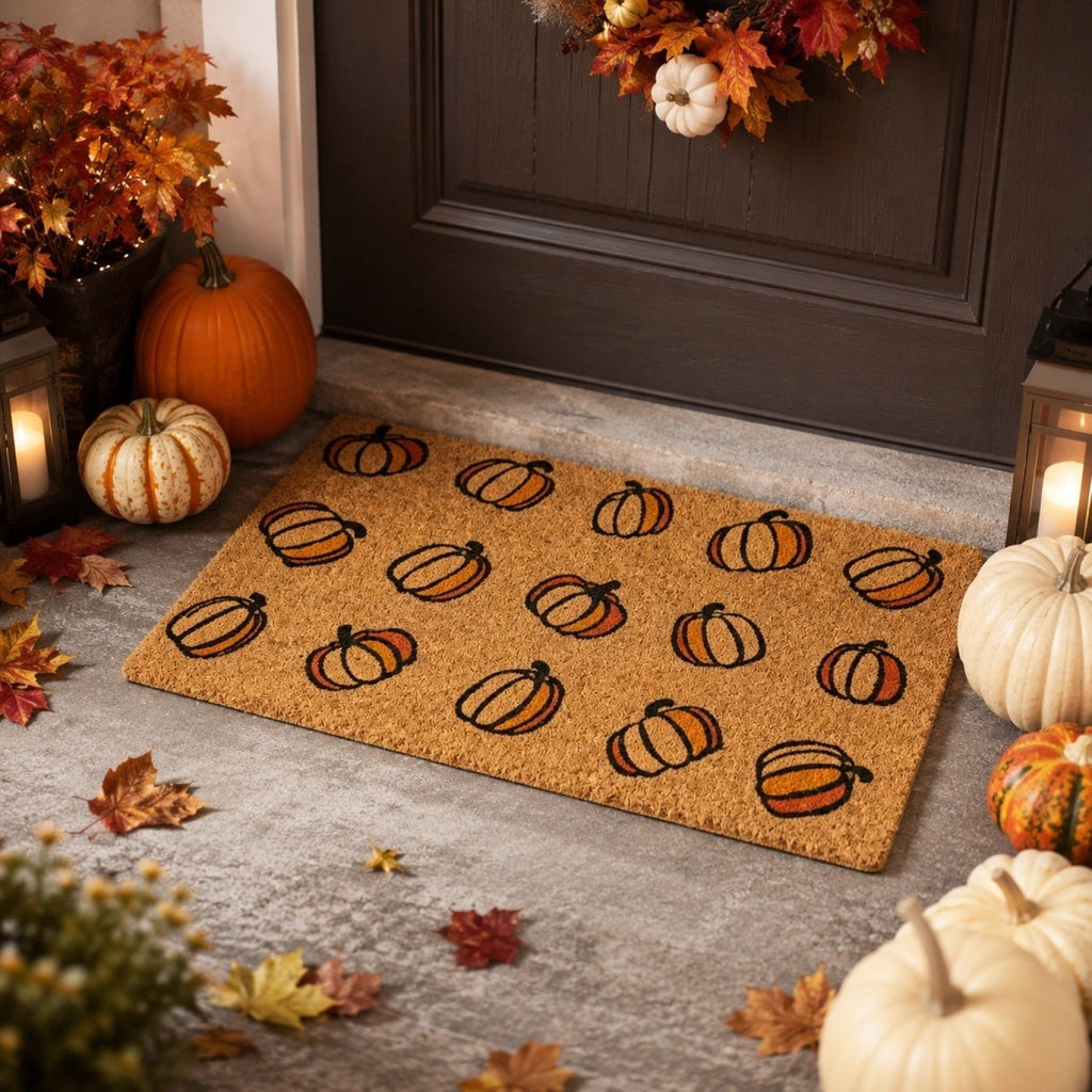 Fllostpr Halloween Pumpkin & Crow Welcome Doormat for Front Door, Non-Slip Vintage Brown Coir Floor Mat for Outdoor Porch Entryway Decor,16x24 Inch