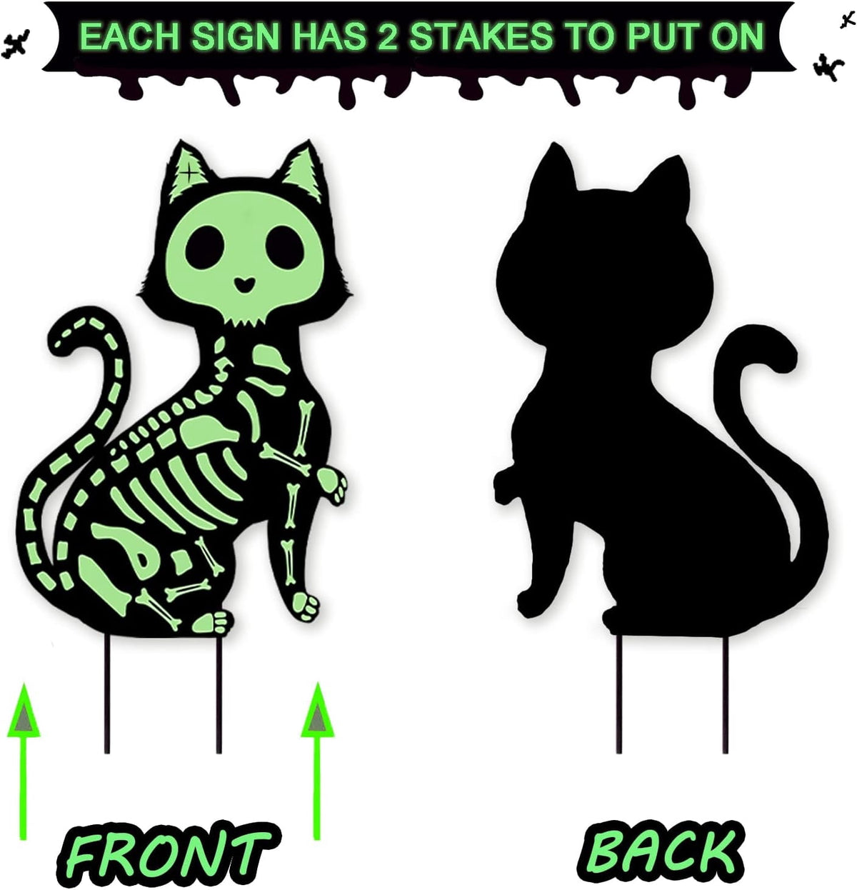 GuassLee 5pcs Glow in the Dark Skeleton Black Cat Silhouette Lawn Signs with Stakes for Halloween Lawn Garden Front Yard Decorations Outside